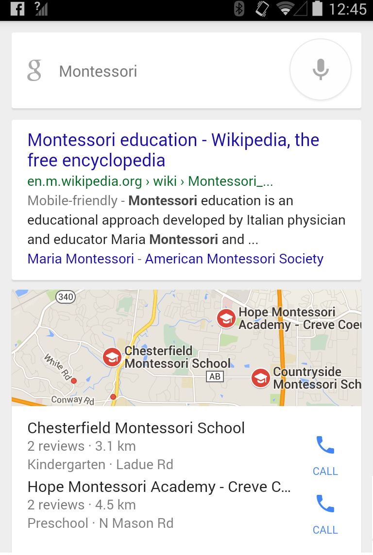 Google places results on mobile