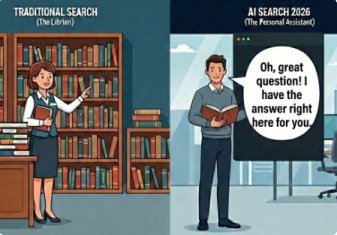 Split-screen infographic comparing 2000s-style traditional search (The Librarian) with 2026-era AI search interfaces (The Personal Assistant), highlighting the authority pivot toward trust and citations.