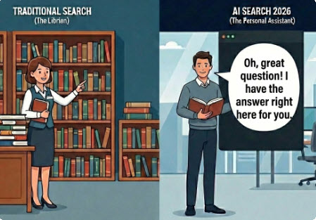 Split-screen infographic comparing 2000s-style traditional search (The Librarian) with 2026-era AI search interfaces (The Personal Assistant), highlighting the authority pivot toward trust and citations.