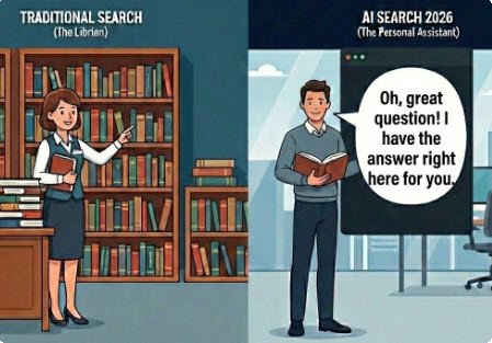 Split-screen infographic comparing 2000s-style traditional search (The Librarian) with 2026-era AI search interfaces (The Personal Assistant), highlighting the authority pivot toward trust and citations.